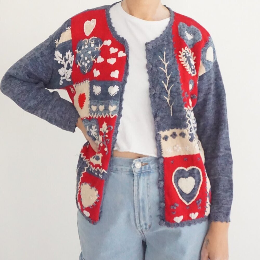 Vintage Heirloom Collectibles Red Blue Heart Patchwork Cottage Floral Cardigan S